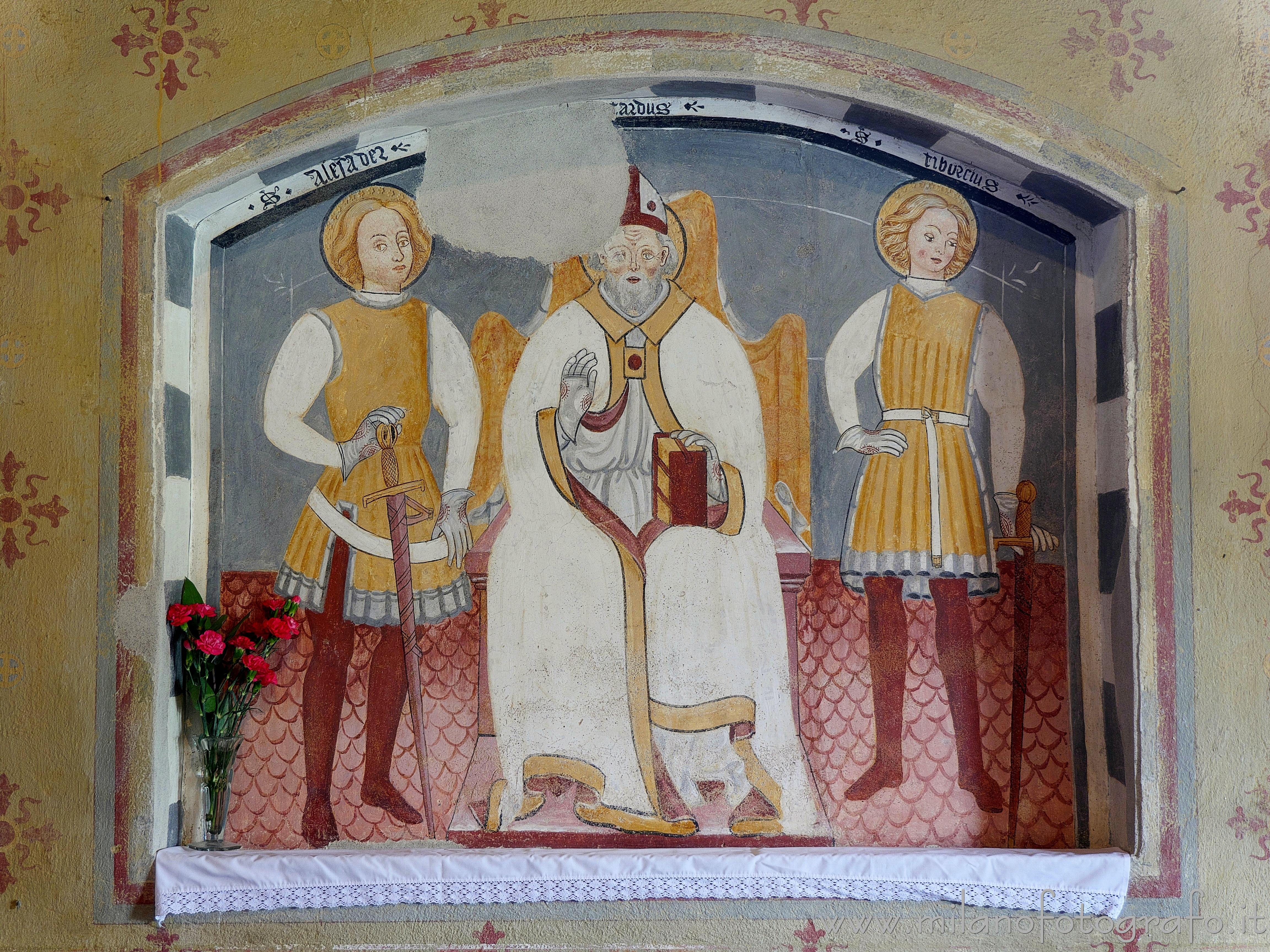 Momo (Novara, Italy) - St. Gotthard between Saints Alexander and Tiburzius in the Oratory of Santa Maria of Linduno